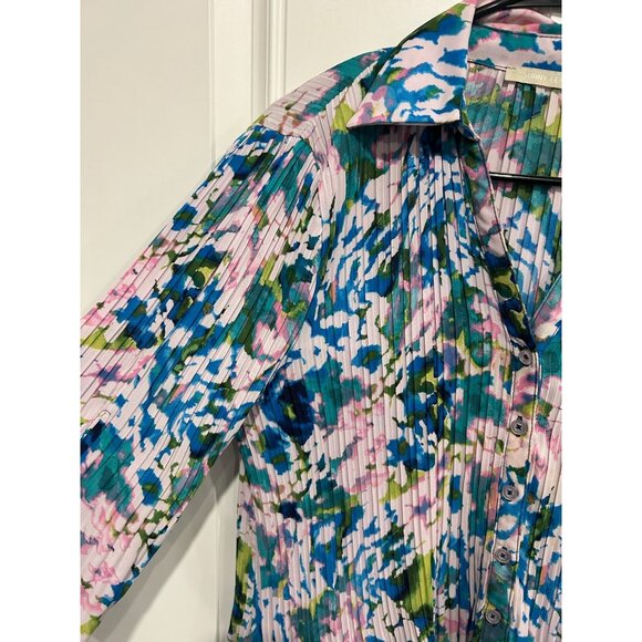 Sunny Leigh Womens Floral Pleated Sheer Blouse Multi-Color Button-Up Sz 1X - Picture 5 of 10